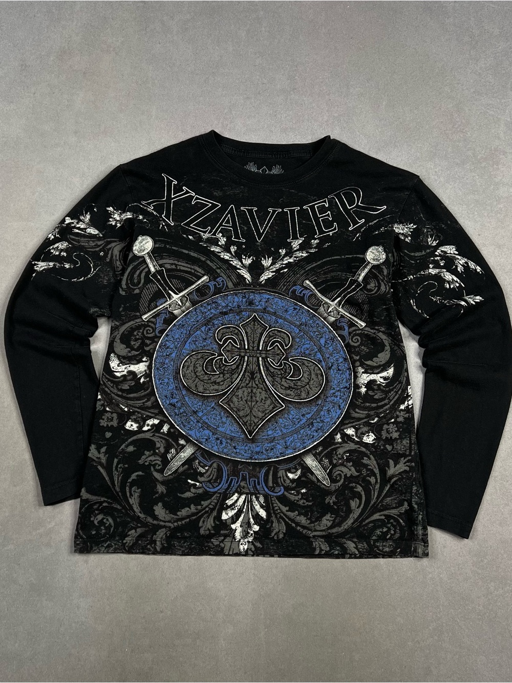Y2K Men’s Affliction Style Black Long-Sleeve Graphic Shield Tee